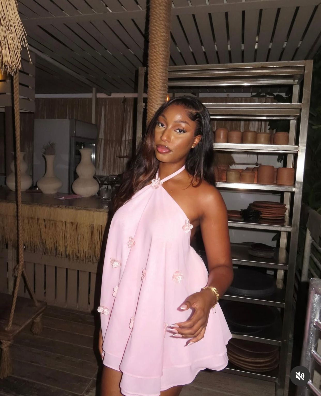 Pink floral halter chiffon mini dress with high-low hemline