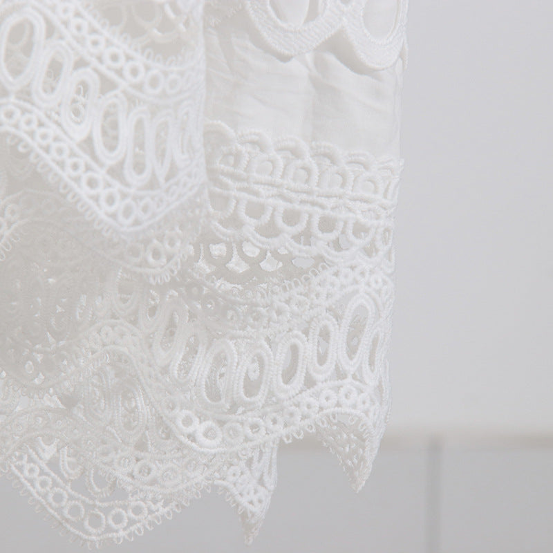 Delicate white lace fabric detail on fashion solid color heavy work dress with stand collar