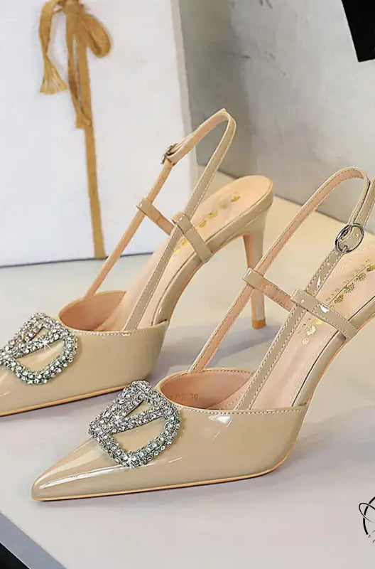 Classy langry fashion high heel sandal in champagne patent leather with rhinestone buckle