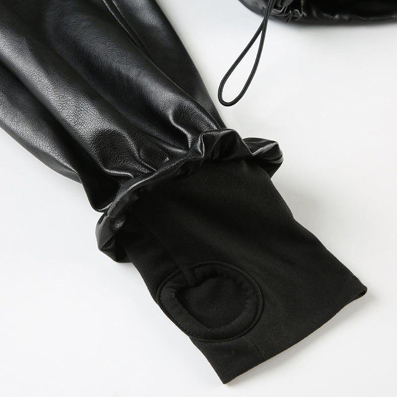 Black faux leather sleeve with thumb hole on a Loose Zipper Leather Jacket