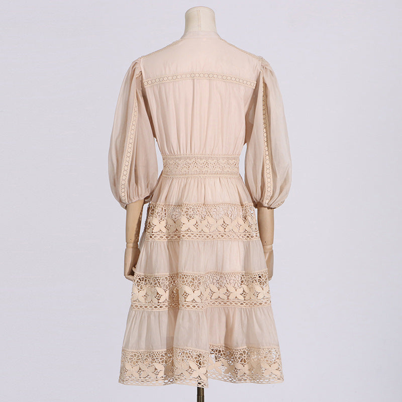 Elegant beige lace puff sleeve short dress by Langry with tiered skirt