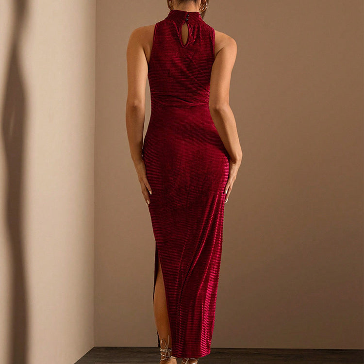 Burgundy velvet halter dress showcasing langry fashion for elegant occasions