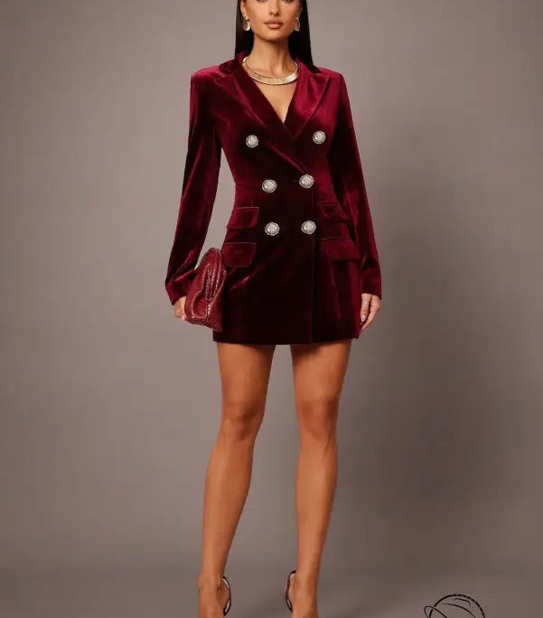 Elegant langry burgundy velvet blazer dress in fashion ملابس