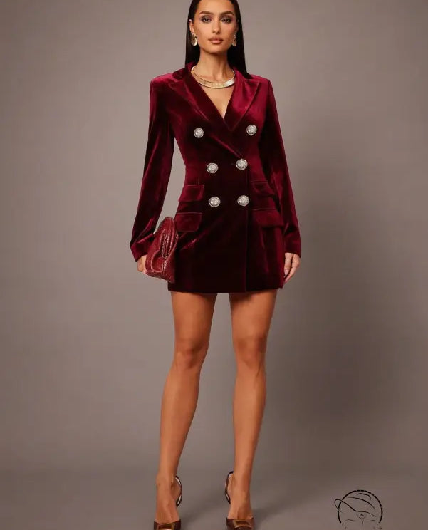 Elegant langry burgundy velvet blazer dress in fashion ملابس
