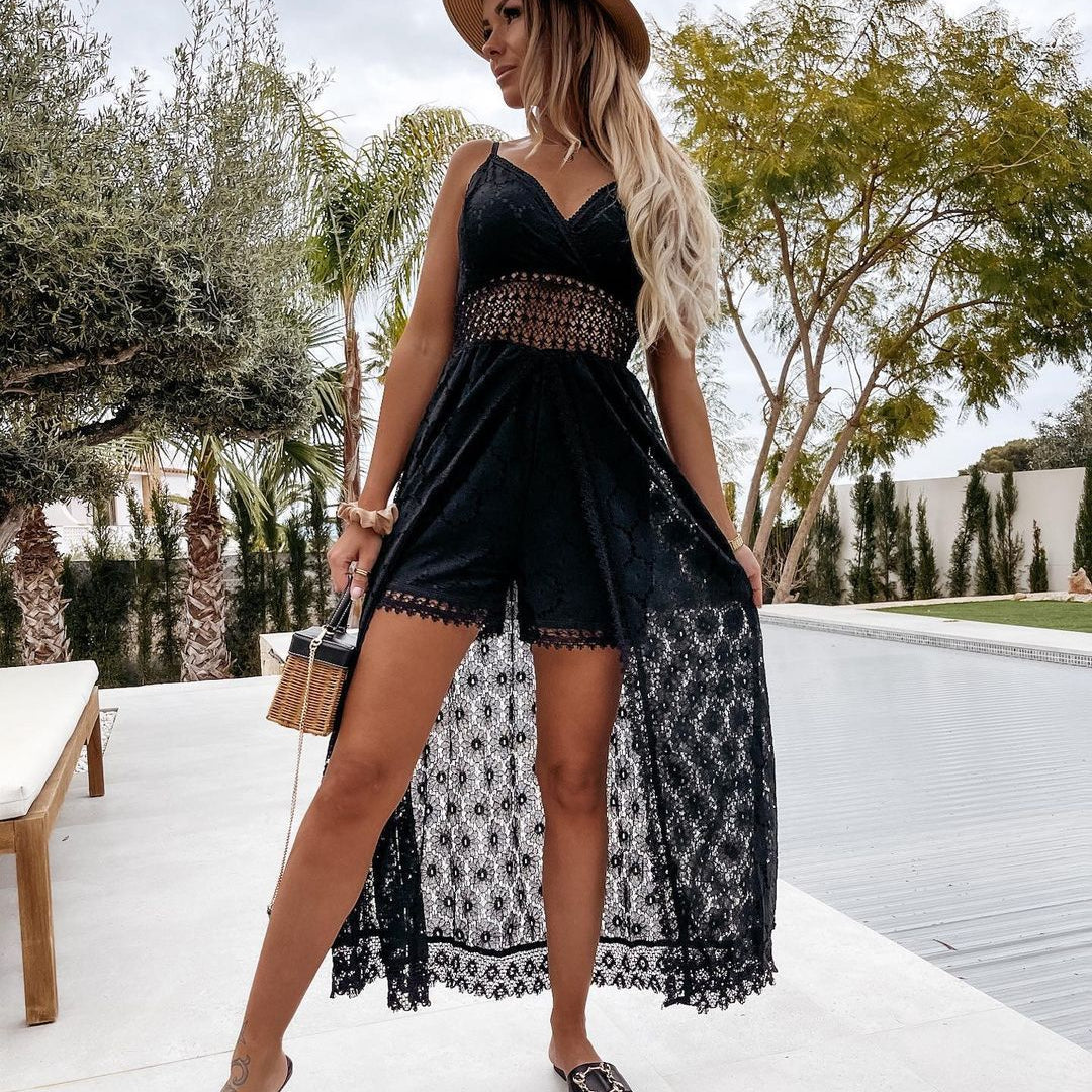 Black lace high-low dress with spaghetti straps, perfect for elegant fashion occasions