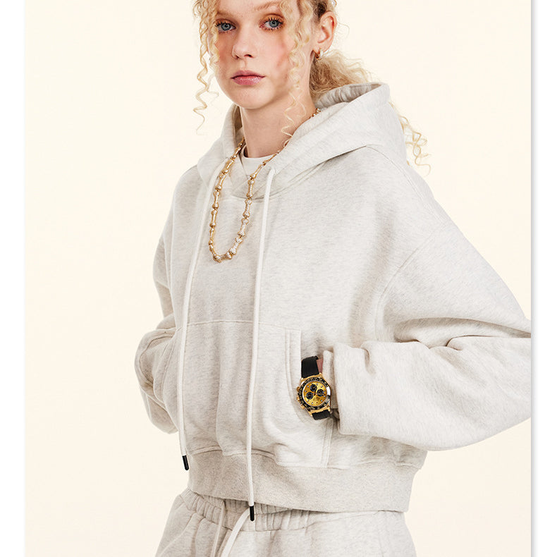 White cropped hoodie sweatshirt with decorative patch detail from Langry fashion ملابس