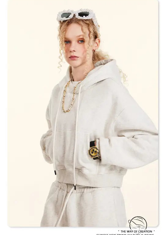 White langry cropped hoodie sweatshirt with retro patch, winter fashion pullover