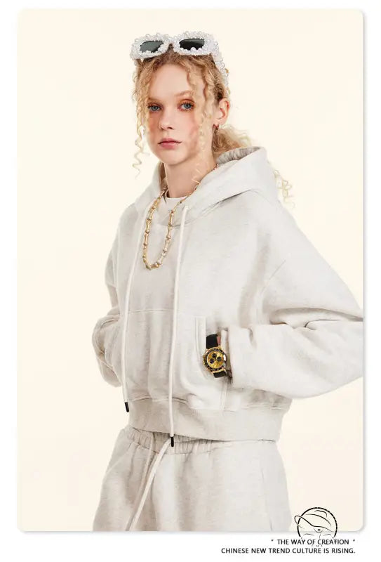 White langry cropped hoodie sweatshirt with retro patch, winter fashion pullover