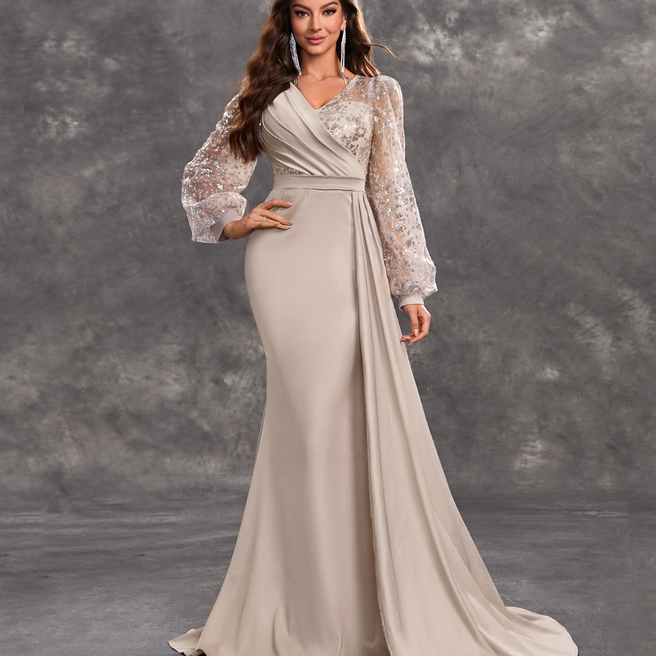 Elegant long-sleeved evening gown showcasing langry fashion for formal occasions
