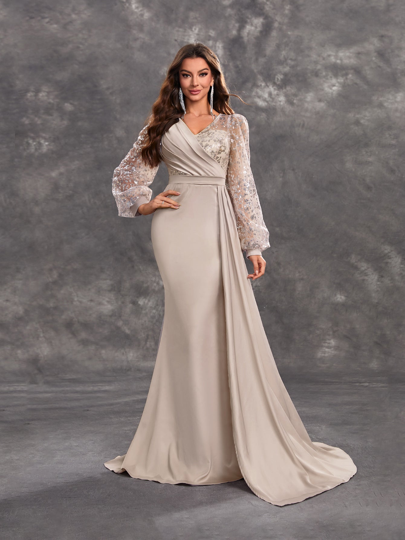 Elegant long-sleeved evening gown showcasing langry fashion for formal occasions