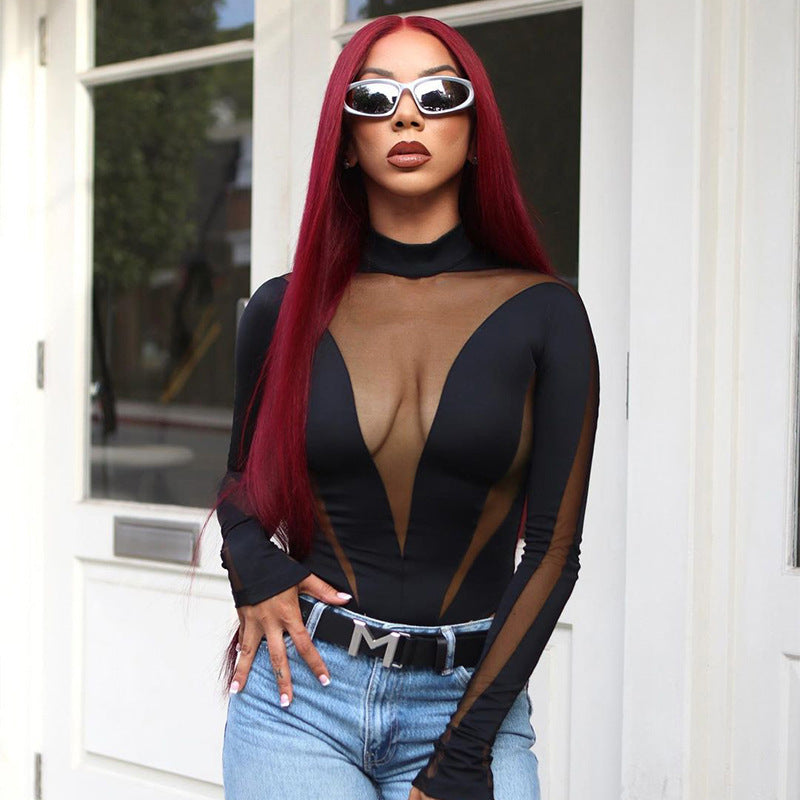 Woman in black bodysuit and jeans featuring casual mesh stitching high waist design