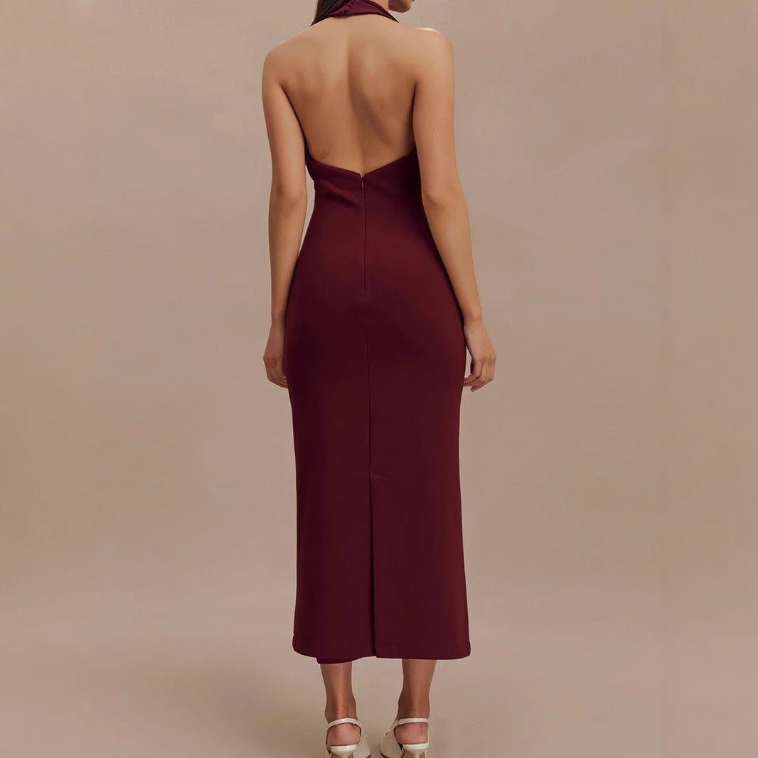 Burgundy halter-neck midi dress from Skinny Sheath Split Halter Dress collection, perfect for fashion and ملابس elegance