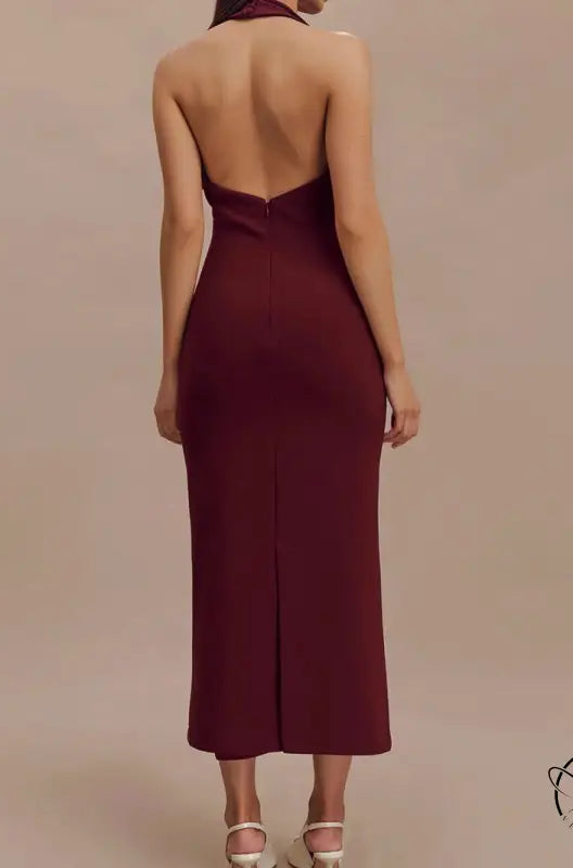Burgundy halter-neck midi dress in skinny sheath split fashion