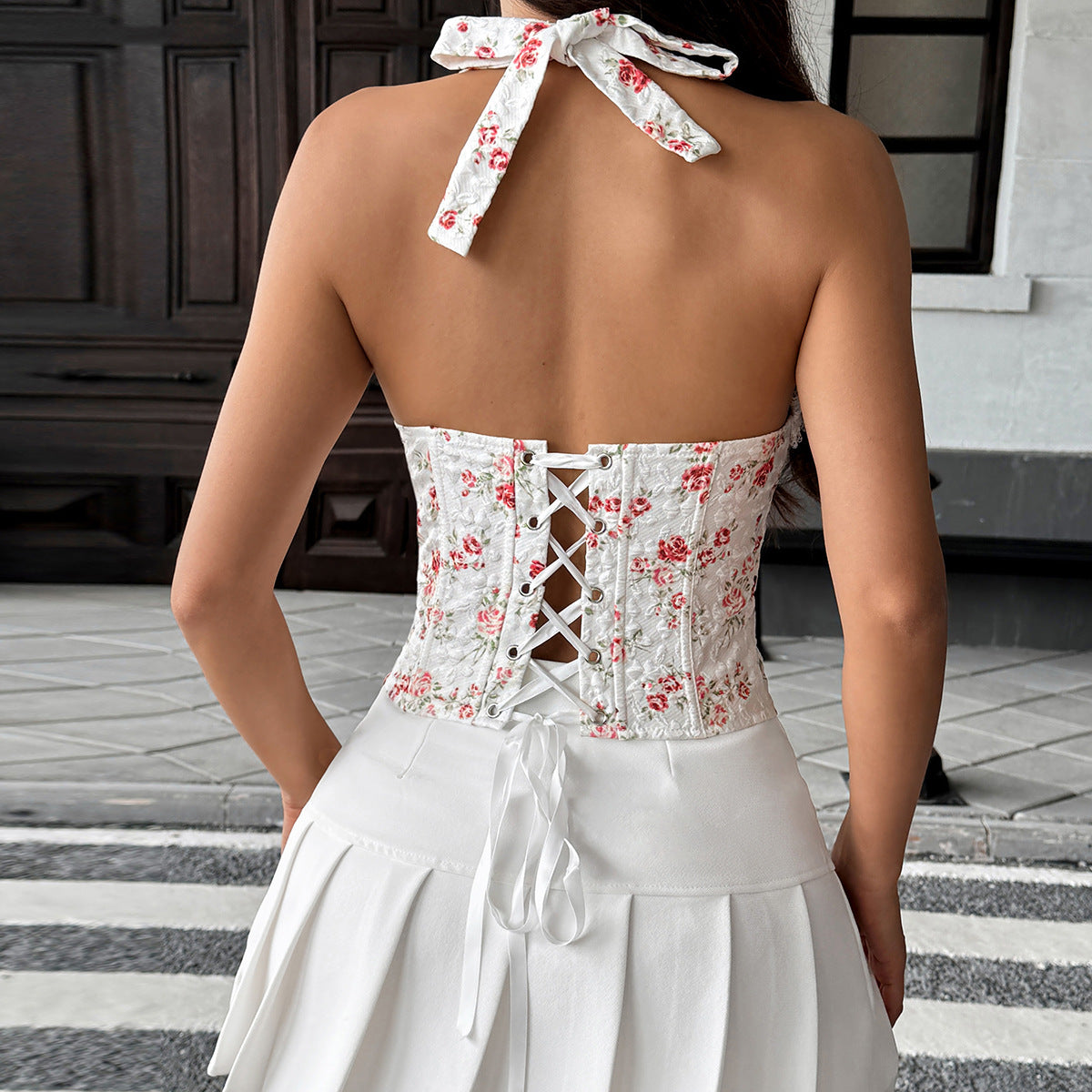 Cute Lace Stitching Floral Boning Corset