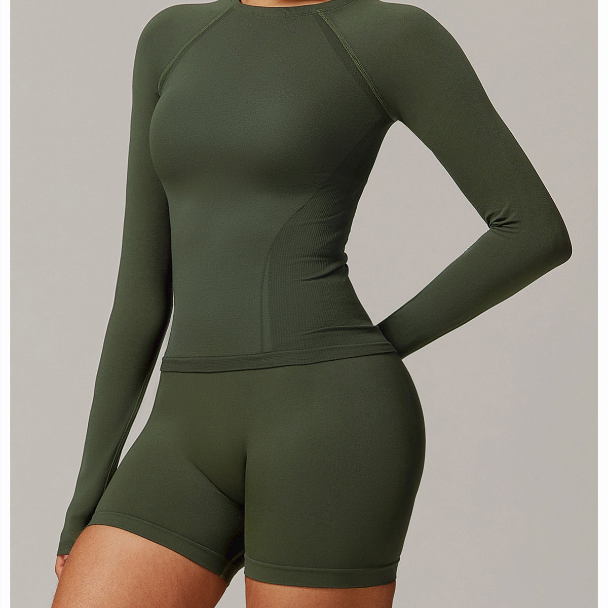 Olive green long sleeve athletic wear set for active fashion enthusiasts