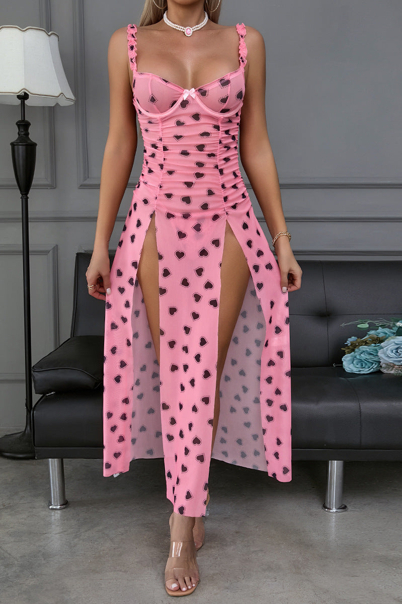 Home Suspender Pink Black High Slit t Back Two Piece Set