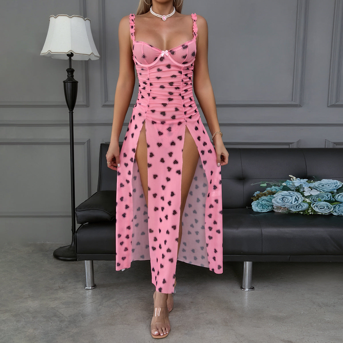 Home Suspender Pink Black High Slit t Back Two Piece Set