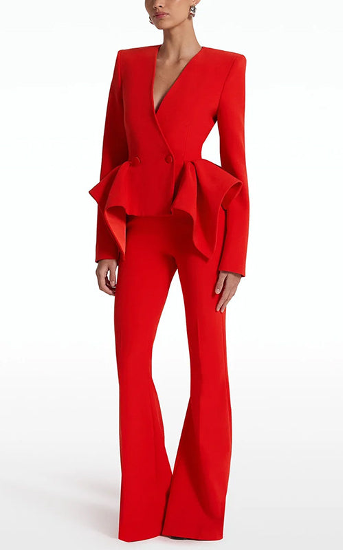 Langry fashion red ruffled jumpsuit with deep V-neck and wide-leg flare