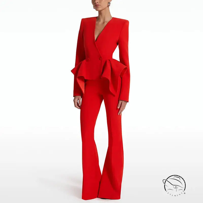Red ruffled jumpsuit in langry fashion with wide-leg flare and deep v-neckline