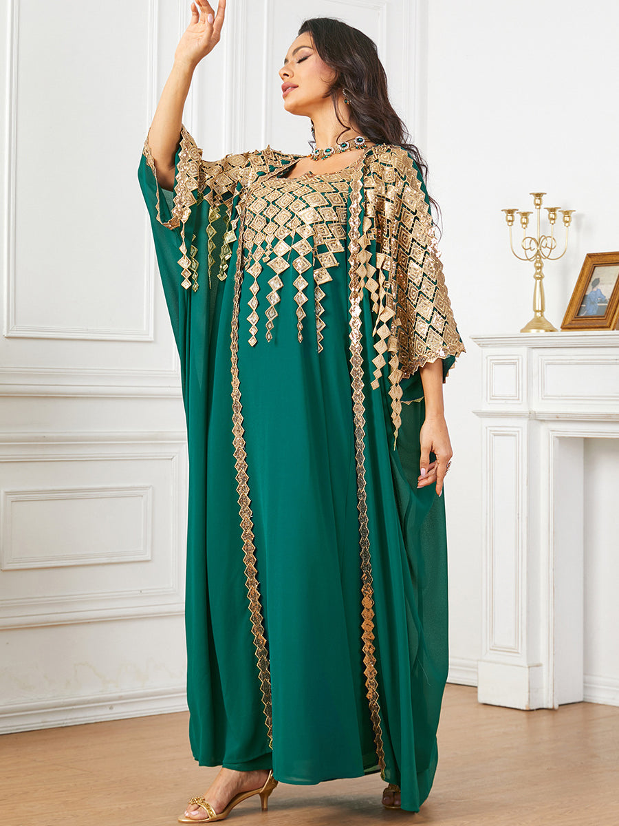 Green and gold langry fashion kaftan dress with beadwork