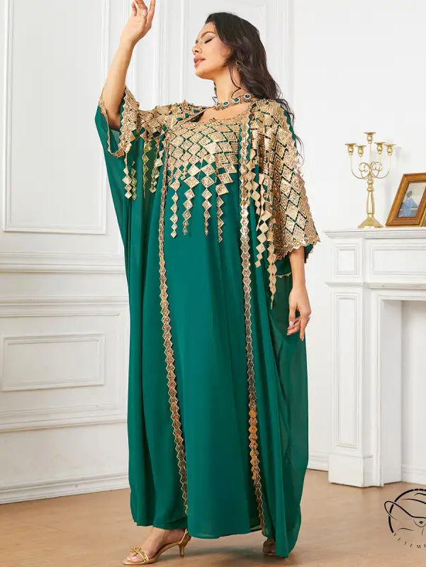 Green and gold langry fashion kaftan dress with beadwork