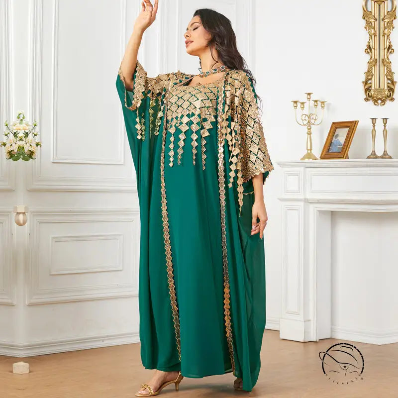 Green and gold langry fashion kaftan dress with beadwork