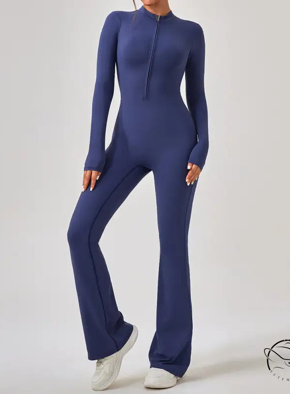 Navy blue long-sleeved fitted jumpsuit in comfy one piece sportswear