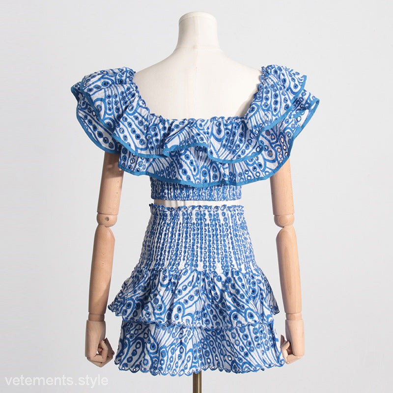 Blue and white patterned two-piece Summer French Suit featuring a high waist short