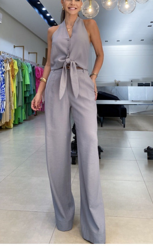 Elegant Gray Halter Top and Wide-Leg Pants Set from Langry Fashion, ملابس for stylish office wear