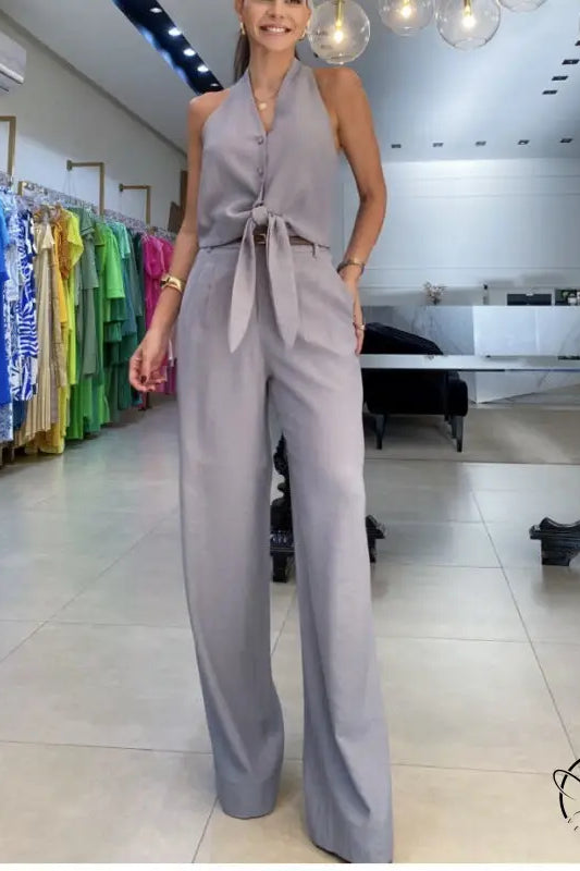 Elegant office jumpsuit set with gray halter top and wide-leg pants