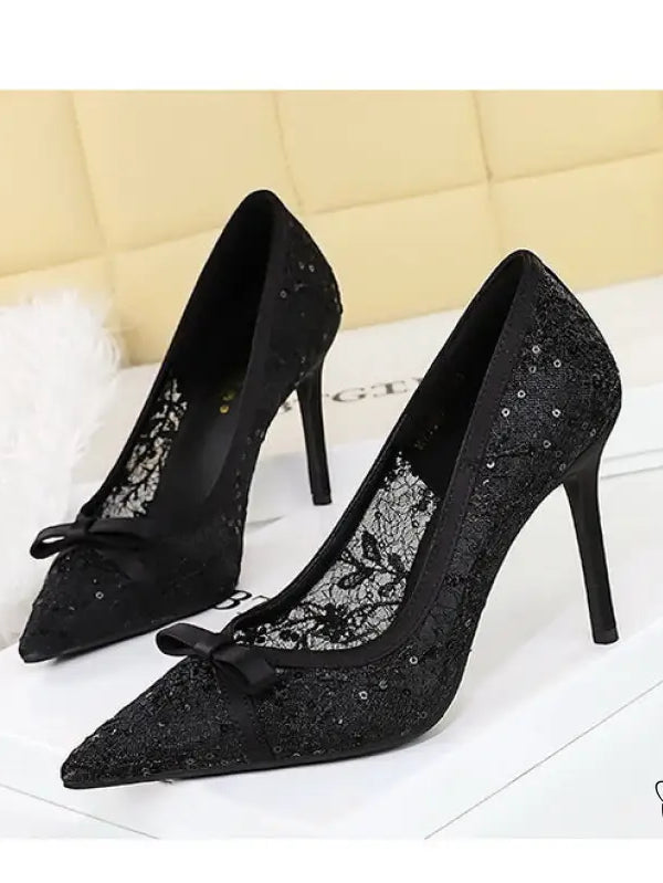 Cocktail High Heel Women Shoes Bow Sequined Lace Mesh Pointed Shallow Mouth Stiletto