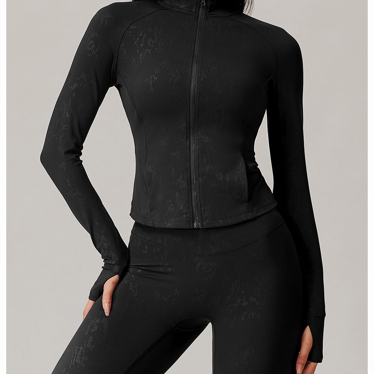 Black long-sleeved athletic top and matching leggings from Quick Drying Breathable Yoga Wear Coat, ideal for ملابس and langry fashion