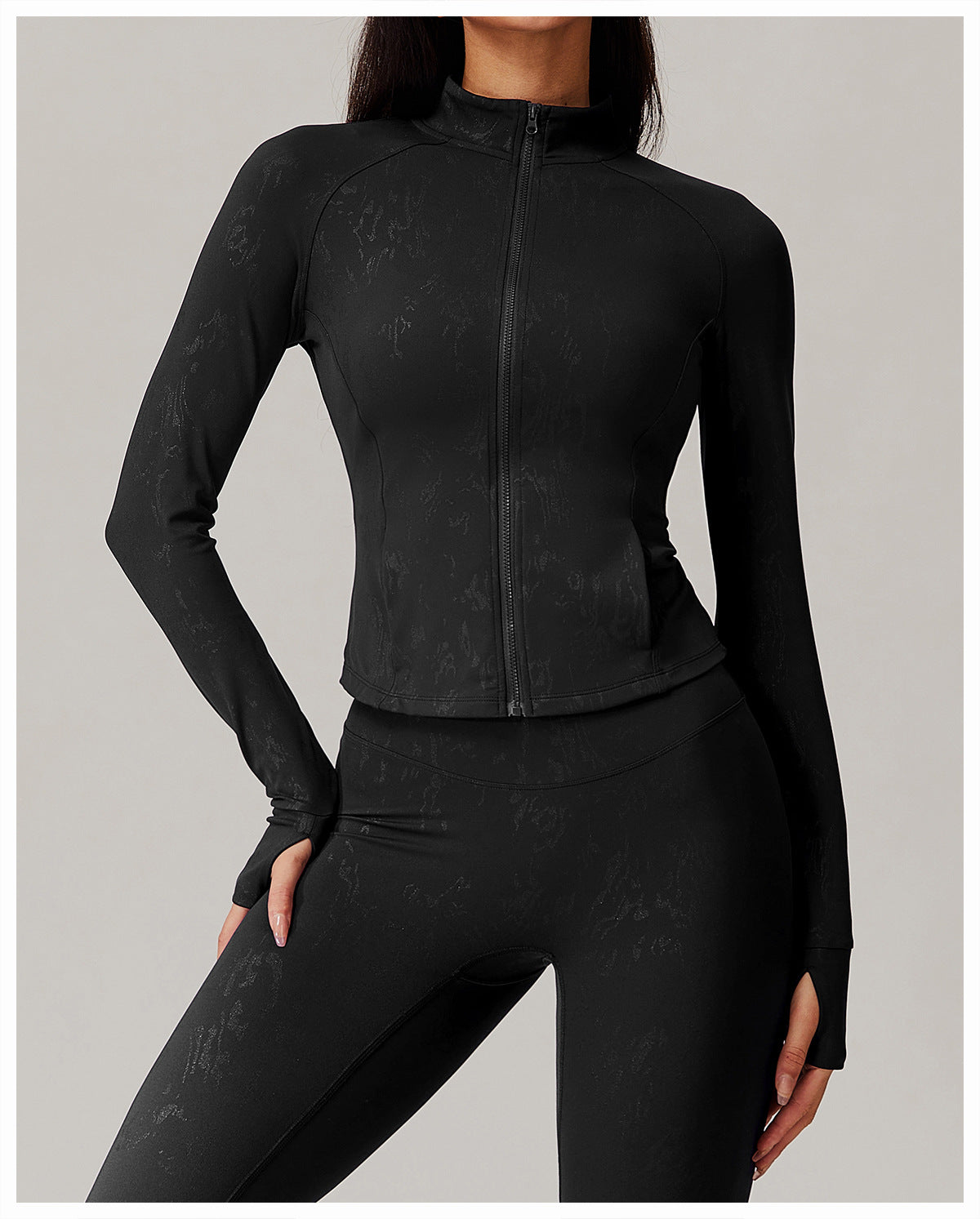 Black long-sleeved athletic top and matching leggings from Quick Drying Breathable Yoga Wear Coat, ideal for ملابس and langry fashion