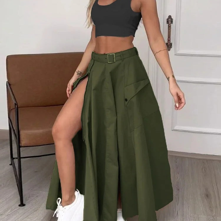 Ladies Set Summer Sleeveless Solid Color Slit Two Piece