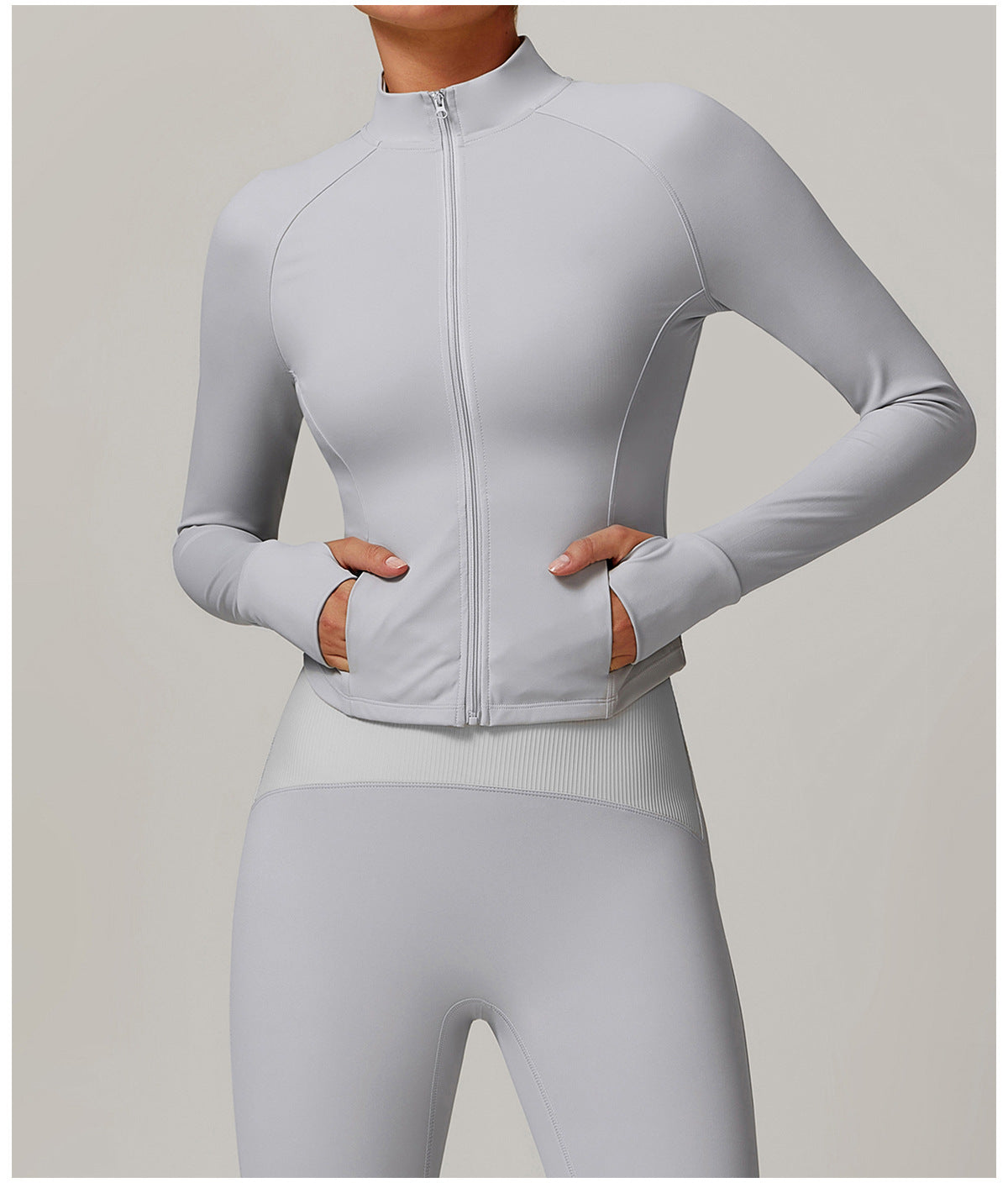 Light gray Yoga Windproof Warm Sports Jacket featuring fitted sleeves and side pockets