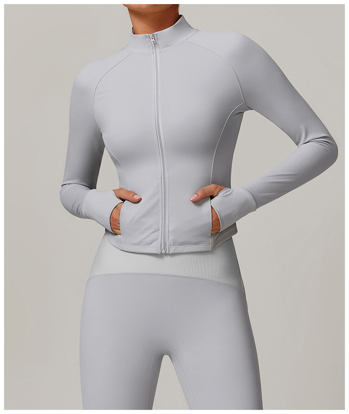 Light gray Yoga Windproof Warm Sports Jacket featuring fitted sleeves and side pockets