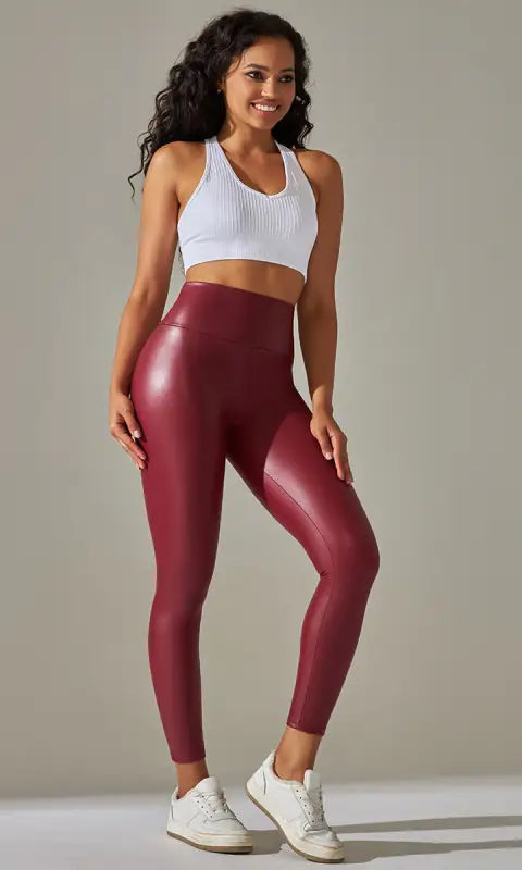 High waist faux leather leggings in maroon with textured spandex finish