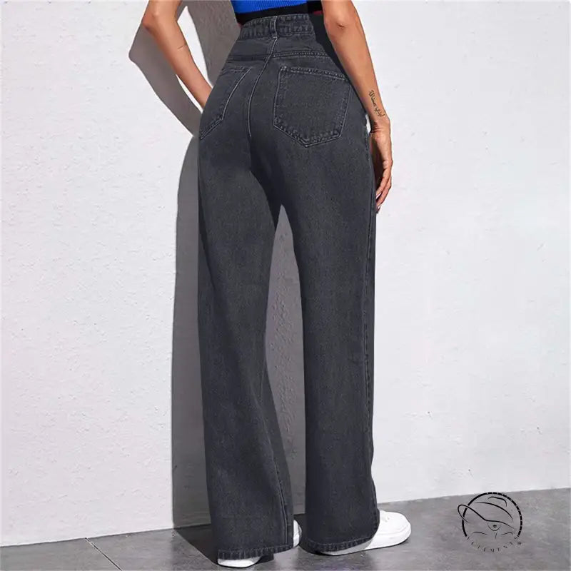 Stunning high waist wide leg dark gray denim jeans