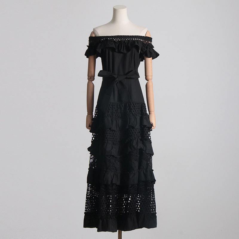 Elegant off-the-shoulder black tiered lace dress showcasing fashionable ملابس for women