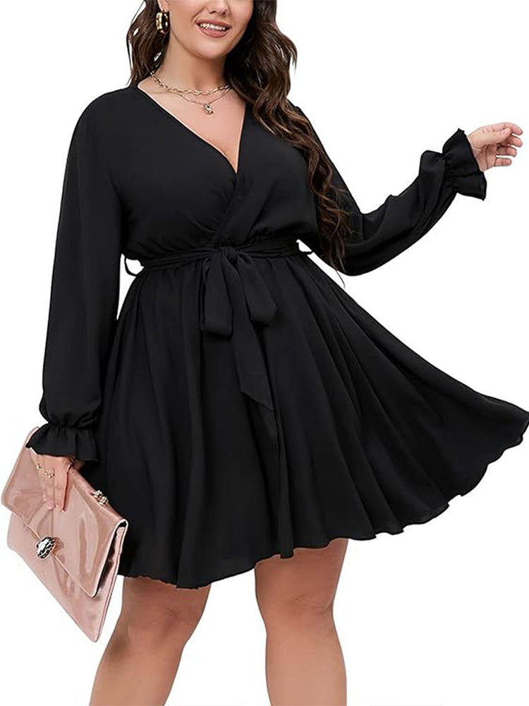 Black long-sleeved winter office midi dress with V-neckline and tie waist