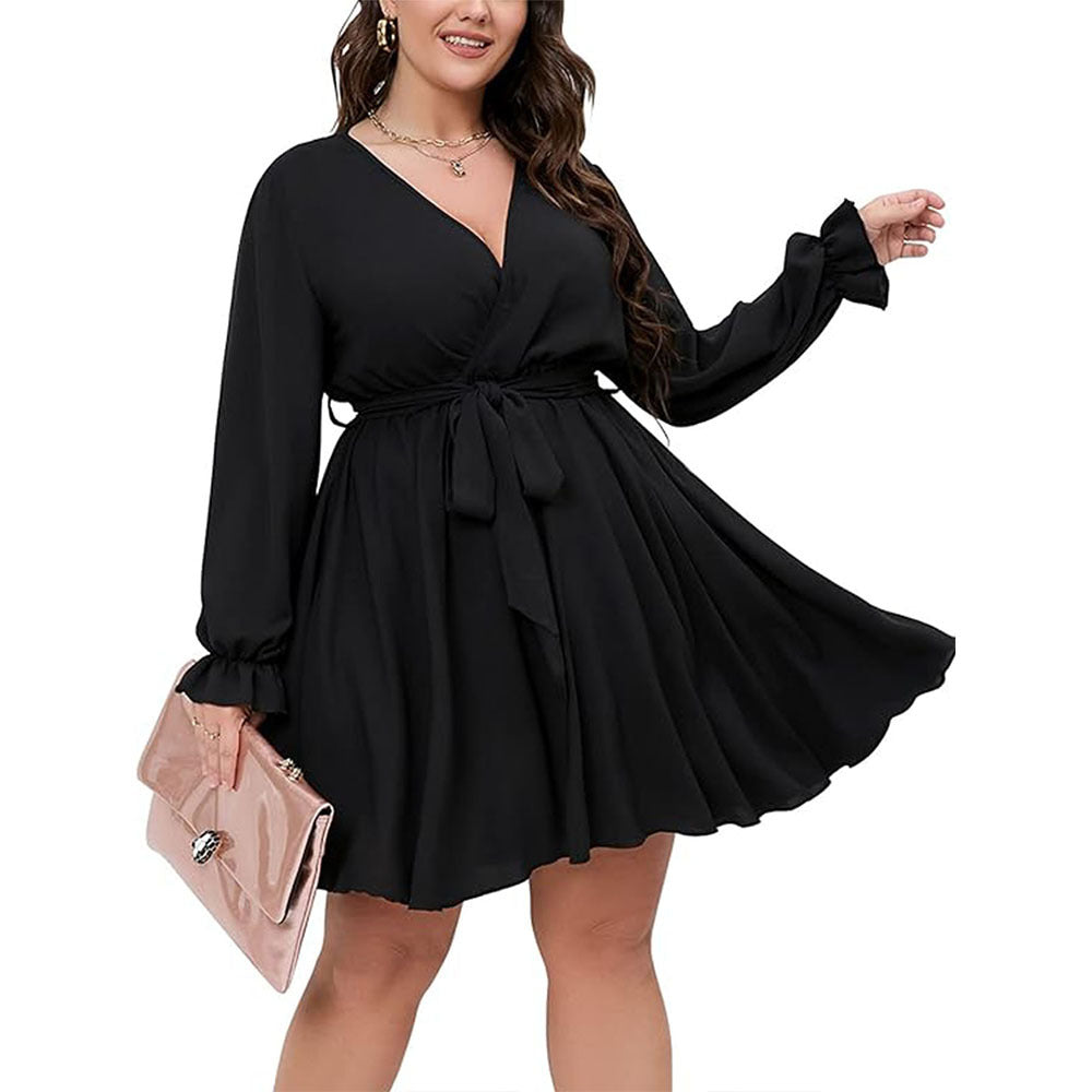 Black long-sleeved winter office midi dress with V-neckline and tie waist