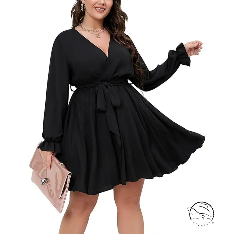 Black long-sleeved winter office midi dress with V-neckline and tie-waist