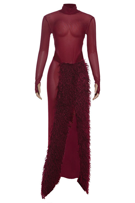 Langry fashion burgundy feathered mesh turtleneck jumpsuit with high slit