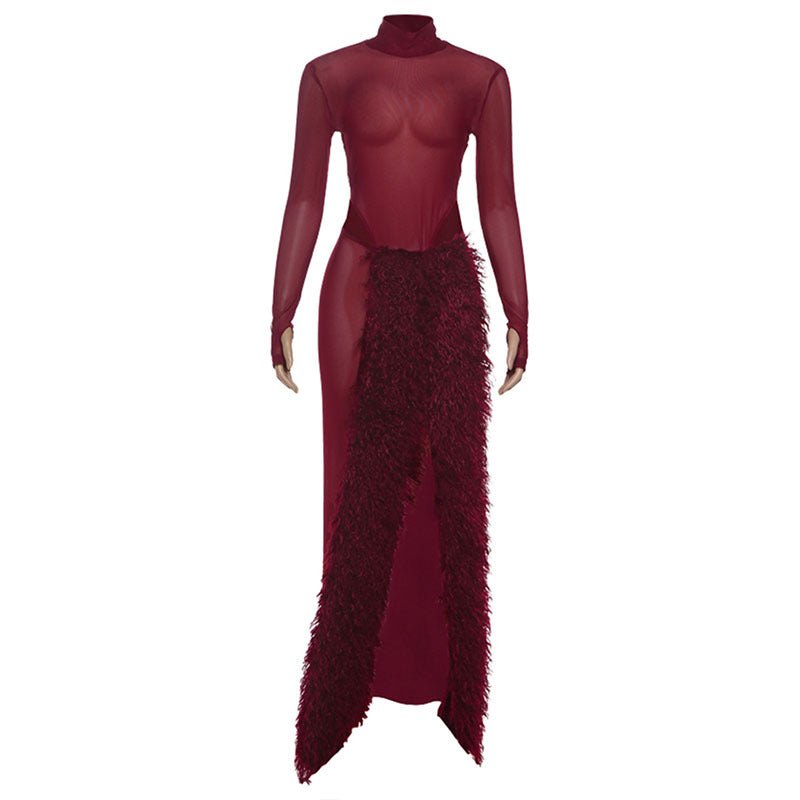 Langry fashion burgundy feathered mesh turtleneck jumpsuit with high slit