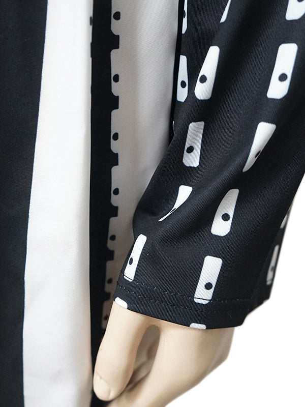 Elegant waist trimming striped dress featuring a black and white patterned sleeve for stylish fashion