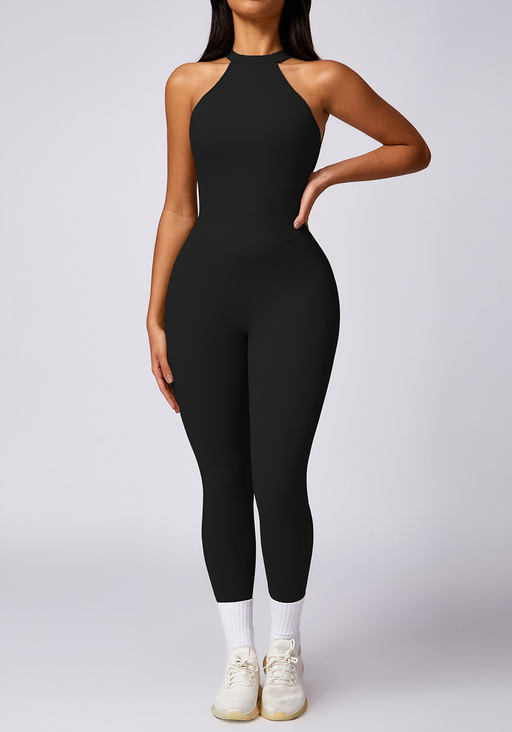 Langry fashion black high-necked hip raise yoga jumpsuit with seamless fit