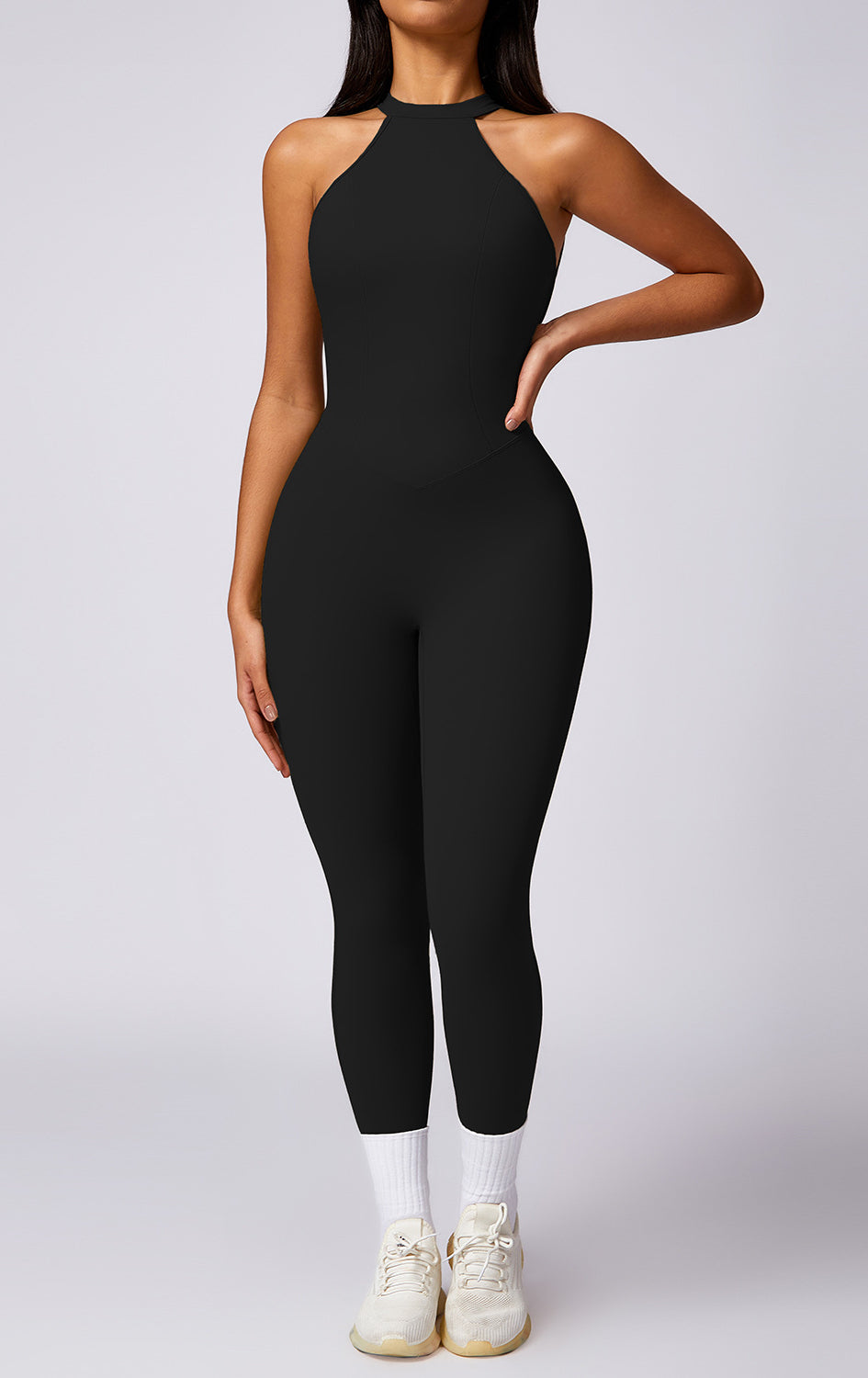 Langry fashion black high-necked hip raise yoga jumpsuit with seamless fit
