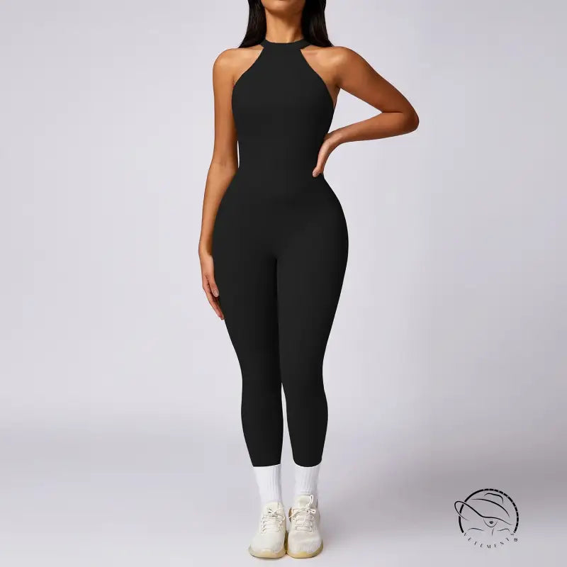 Langry black high-necked form-fitting yoga jumpsuit for hip raise fashion