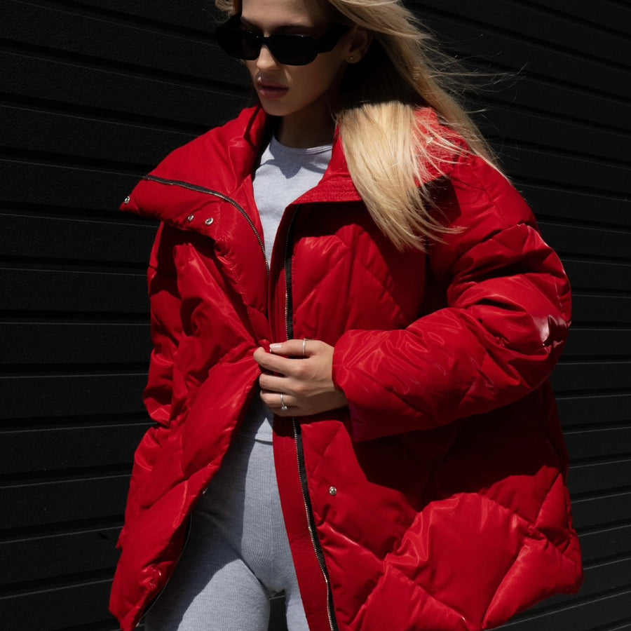 Red langry fashion padded jacket with quilted design and black zipper