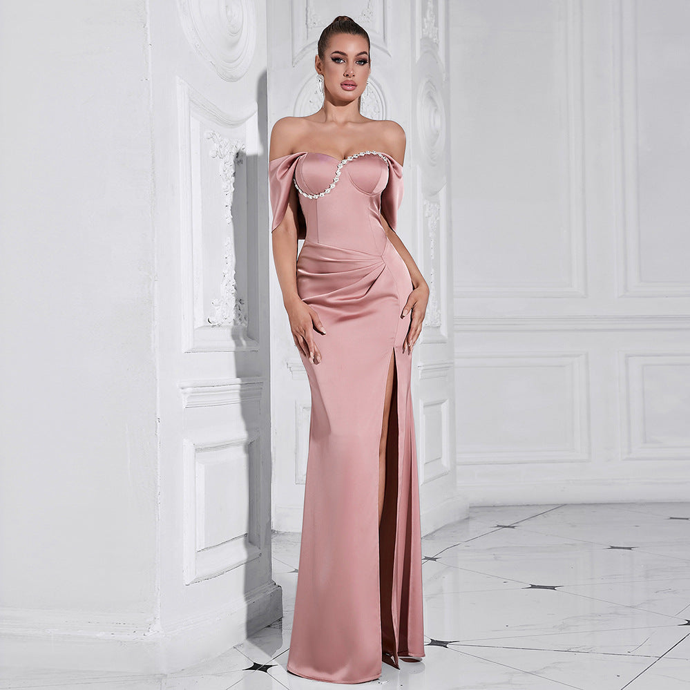 Elegant off-shoulder pink evening gown with thigh-high slit for stylish fashion ملابس